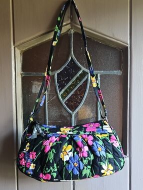 Vera Bradley Black Quilted Shoulder Bag with Multicolor Floral Print